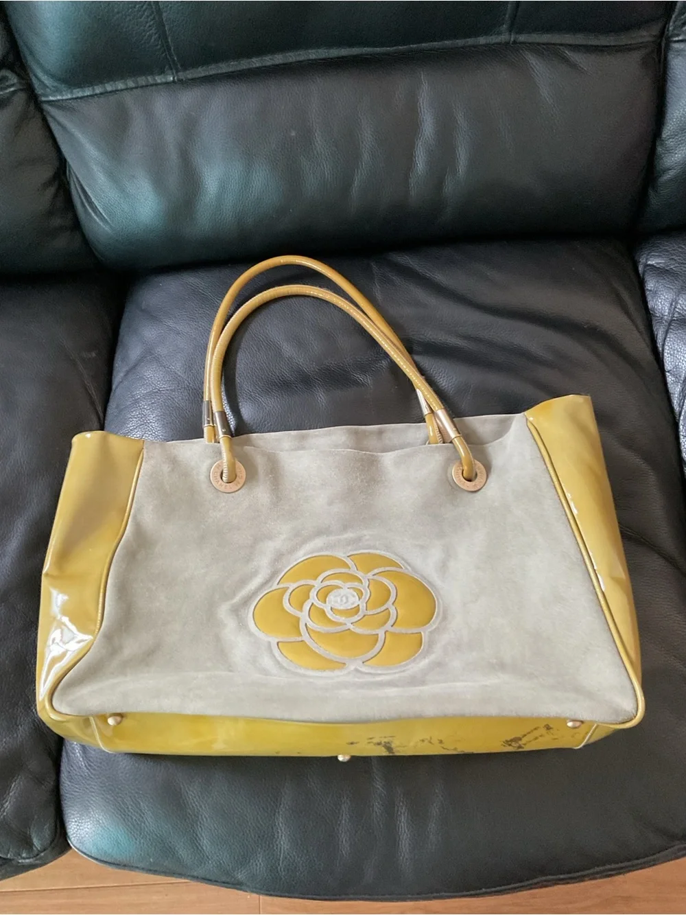 CHANEL Beige Suede Tote with Mustard Patent Trim and Camellia